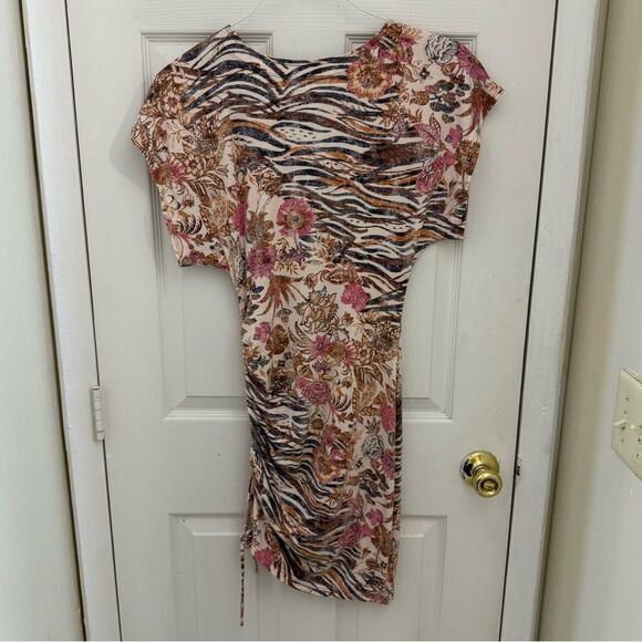 Anthropologie Daily Practice Ruched Mini Dress Size XS Floral Animal Print Boho - Picture 3 of 5